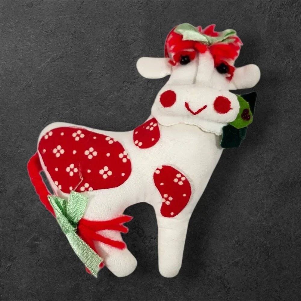 Vintage Farm Animal Christmas Ornaments Set of 4 Fabric Cottagecore Holiday Red